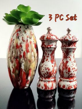 3pc Orange Speckled Ceramic Handcrafted Vase, Salt & Pepper Shaker All 6 1/4"